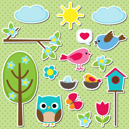 Cute vector set of different spring stickers. Nature decorative elements for scrapbookingのイラスト素材