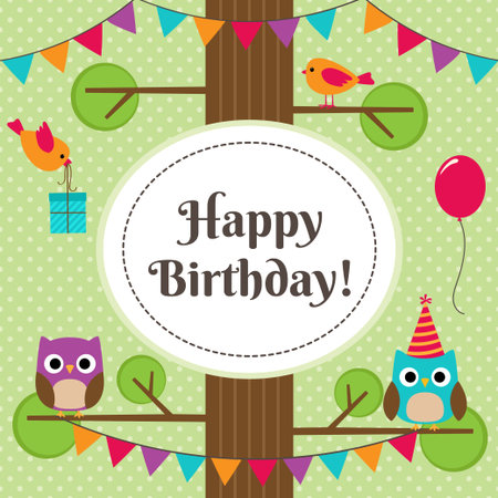 Vector birthday party card with cute birds sitting on branchesのイラスト素材