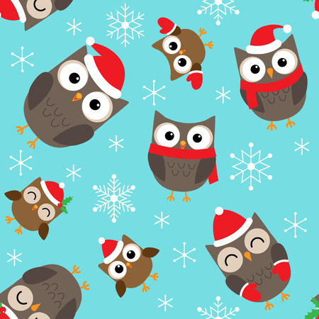 Seamless Christmas vector pattern with cute owlsのイラスト素材