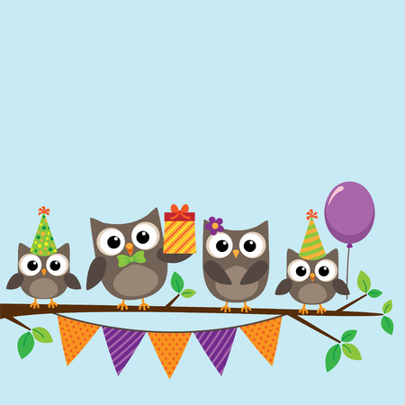 Vector birthday party card with cute owls on treeのイラスト素材