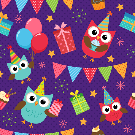 birthday party background with cute owlsのイラスト素材