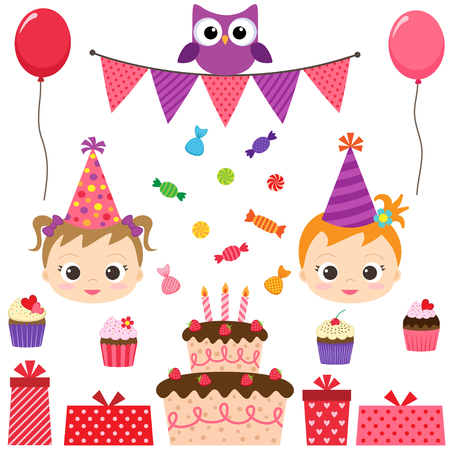 Set of birthday party elements with girlsのイラスト素材