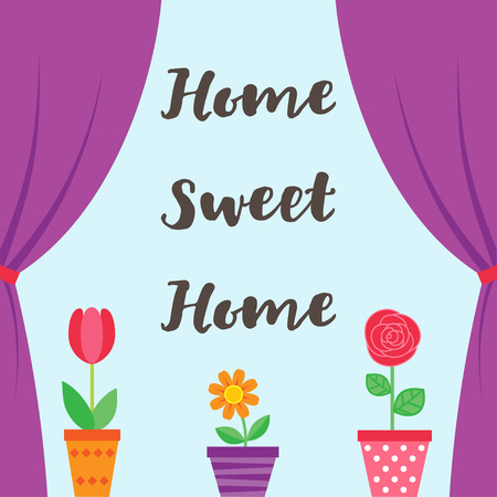 Sweet Home background with open window and flowers in pots. Vector illustrationのイラスト素材