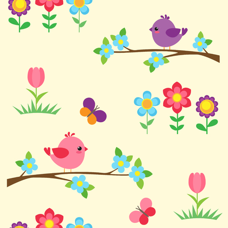 Seamless vector pattern with birds on blooming branches and flowersのイラスト素材