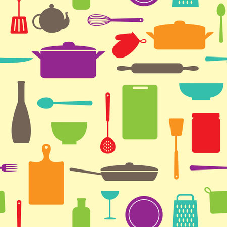 Vector seamless pattern of different kitchen silhouettesのイラスト素材
