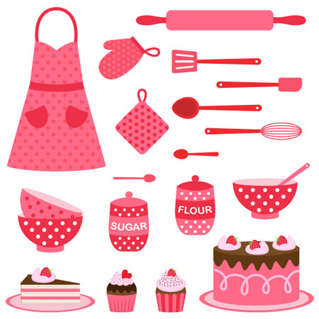 Cute vector icons collection on baking theme in pink and red colorsのイラスト素材