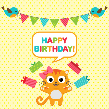 birthday party card with funny birds and catのイラスト素材