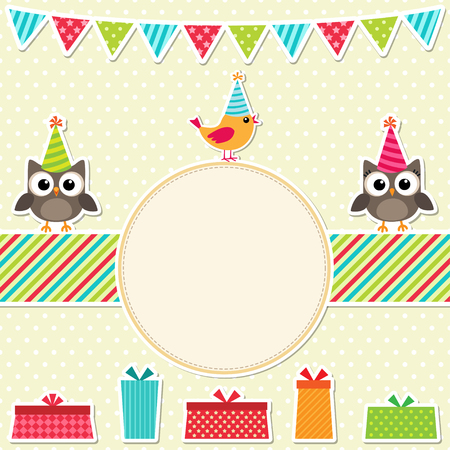 Colorful birthday party card with birds and presentsのイラスト素材