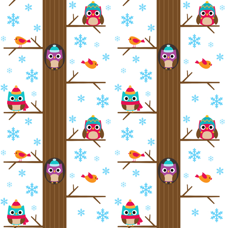 Winter tree with owls vector seamless patternのイラスト素材