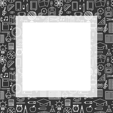 Welcome back to school frame. Vector black background with white silhouettes of school supplies, stationery icons and educational symbolsのイラスト素材
