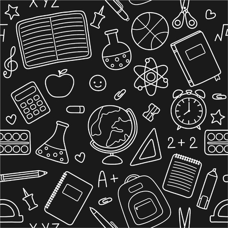 Vector black background with white silhouettes of school supplies, stationery icons and educational symbols. Seamless patternのイラスト素材