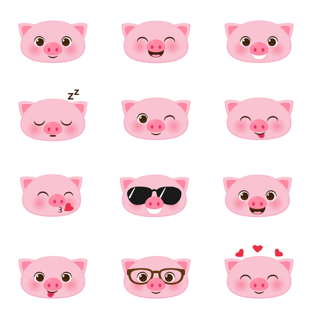 Set of cute happy cartoon little pigs emojisのイラスト素材