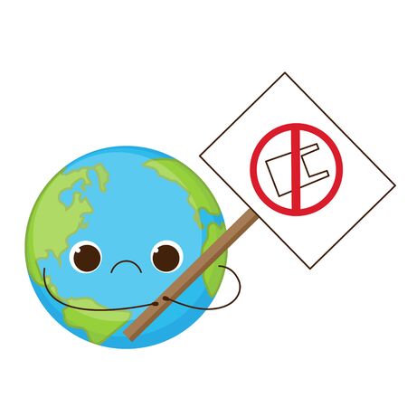 Cute sad Earth holding sign no plastic bag. Cartoon globe character cry. Save the Earth, zero waste concept. Environment pollution problem. Vector illustrationのイラスト素材