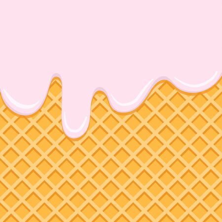 Cream flowing on waffel, vector background. Melting pink creme on wafer texture. Syrup glaze drops. Sweet dessert foodのイラスト素材