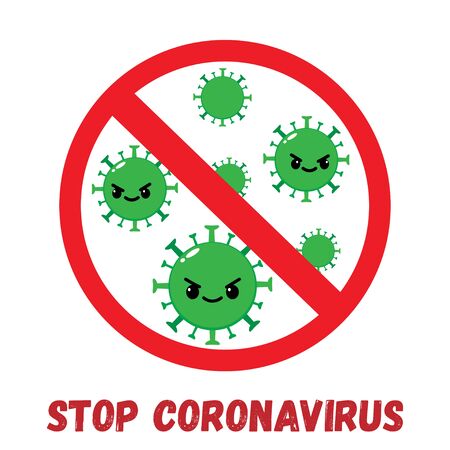 Stop coronavirus red sign. Covid-19 health danger. Flu pneumonia outbreak. Pandemic quarantine concept with virus cells vector illustrationのイラスト素材