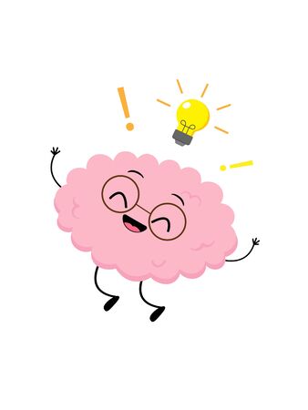Cute human brain jump. Happy brain in glasses with lightbulb. Cartoon organ character vector illustration. Creative idea, inspiration, knowledge, learningのイラスト素材