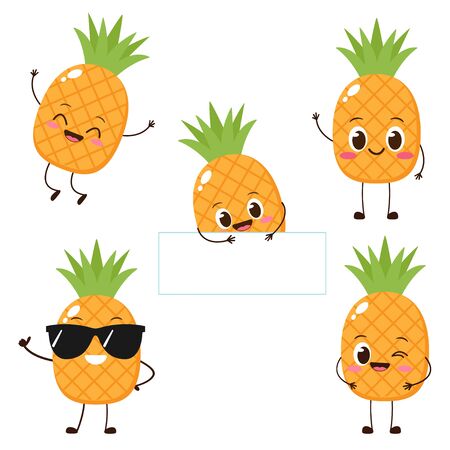 Pineapple character with funny face. Happy cute cartoon pineapple emoji set. Healthy vegetarian food character vector illustrationのイラスト素材