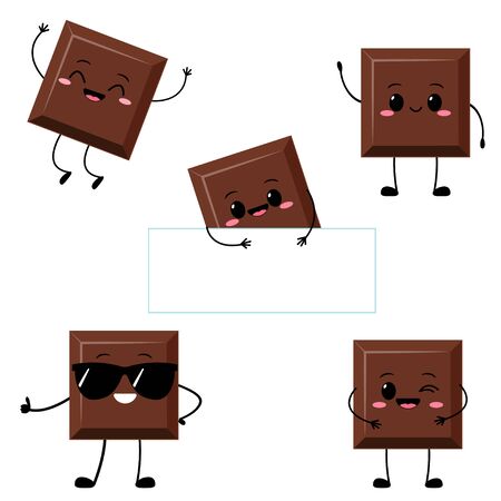 Cute chocolate piece characters with funny face. Happy dark or milk chocolate bar emoji set. Cartoon kawaii sweet food emoticon vector illustration.のイラスト素材