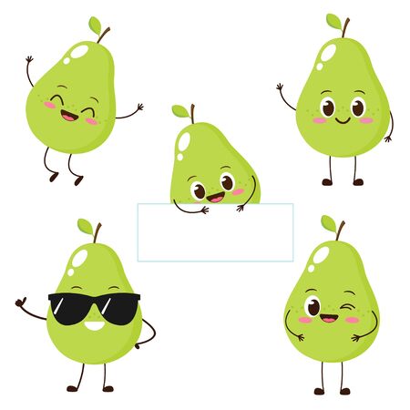 Green pear character with funny face. Happy cute cartoon pear emoji set. Healthy vegetarian food character vector illustrationのイラスト素材
