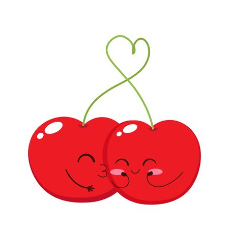Two cute cherries. Red cherry kiss. Valentines day card, love romantic relationshipのイラスト素材