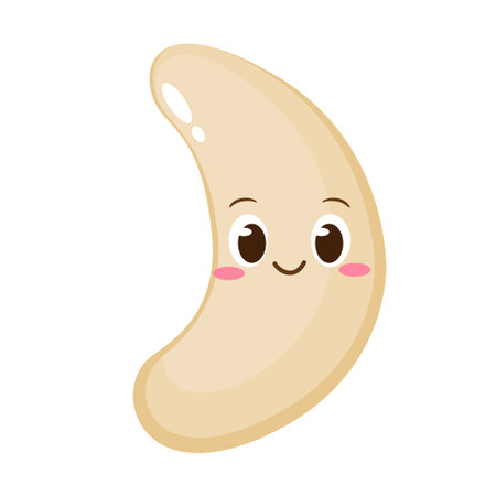 Cute happy cashew character. Funny nut emoticon in flat style. Raw cashew emoji vector illustration. Healthy vegetarian foodのイラスト素材