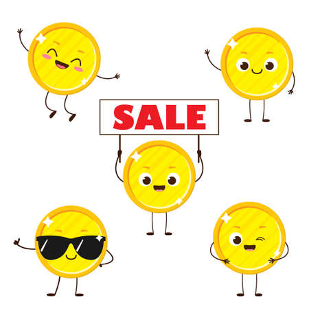 Golden coin with smile on face holding sale sign. Cute cartoon money character set. Financial savings vector illustrationのイラスト素材