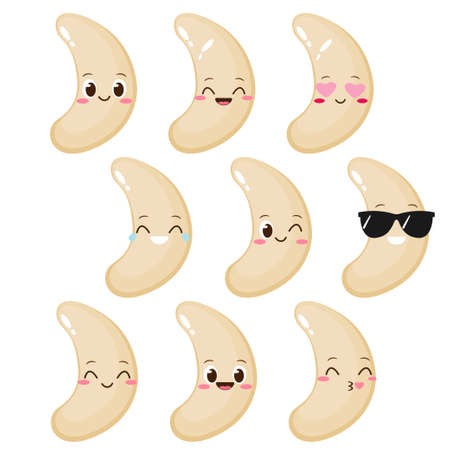 Cute cartoon cashew emoji set. Funny nut emoticon in flat style. Raw cashew character vector illustration. Healthy vegetarian foodのイラスト素材