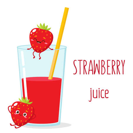 Cartoon strawberry juice in glass vector illustration. Red berry cute charactersのイラスト素材