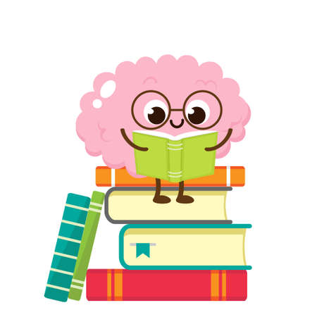 Cartoon brain reading book. Funny brain character sitting on stack of books. Learn and study print. Education school poster vector illustrationのイラスト素材