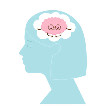 Meditation concept with woman head profile silhouette and meditating cartoon brain. Mindfulness vector illustrationのイラスト素材