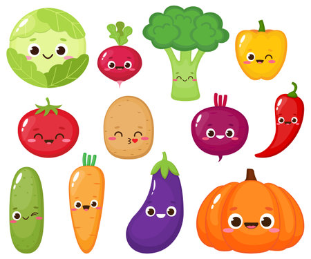 Cartoon vegetable collection. Cute cabbage, cucumber, carrot, broccoli, tomato, pepper for kids Vector food illustrationのイラスト素材