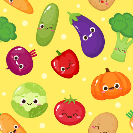 Seamless pattern with cute vegetables. Cartoon cabbage, cucumber, carrot, broccoli, tomato, pepper for kids. Food vector illustrationのイラスト素材
