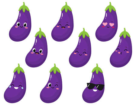 Cute happy eggplant character. Funny cartoon food in flat style. Vegetable emoji set vector illustrationのイラスト素材