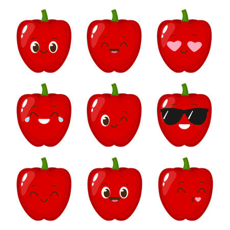 Cute red sweet pepper emoji set. Cartoon paprika vector illustrationのイラスト素材