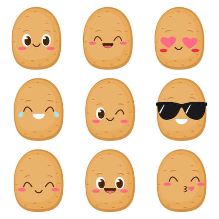 Cute happy potato character emoji set. Funny vegetable emoticon in flat style. Cartoon brown potato vector illustrationのイラスト素材