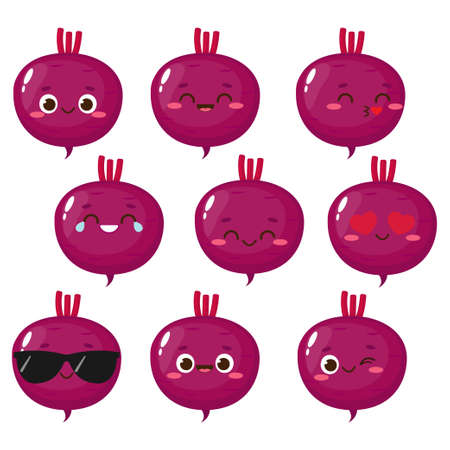 Cartoon purple beetroot emoji set. Cute beet character vector illustrationのイラスト素材