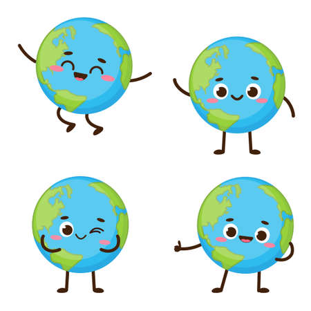 Cute planet earth character. Cartoon planet emoji collection. Earth Day card vector illustrationのイラスト素材