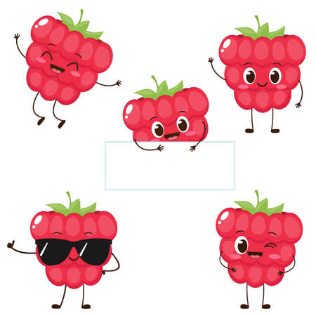 Cute happy red raspberry character set. Funny berry emoticon in flat style. Cartoon fruit emoji vector illustrationのイラスト素材