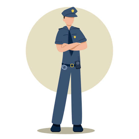 Policeman without a face in a flat style isolated on a white background. A policeman in uniform with a walkie-talkie and handcuffs. Vector illustrationのイラスト素材