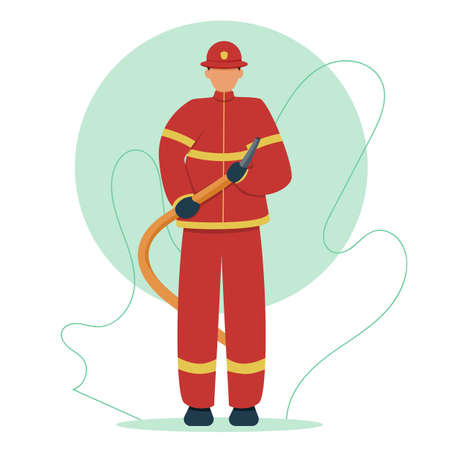 A firefighter in uniform holds a fire hose. A man in a firemans uniform. Without a face. Vector illustrationのイラスト素材