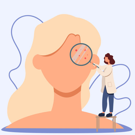 A dermatologist examines a patient. No face. Dermatologist looks through a magnifying glass. Acne, rash. Problem skin. Vector illustrationのイラスト素材