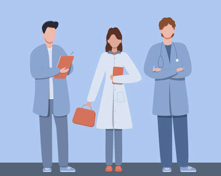 A set of doctors without a face. Two male doctors and a nurse are standing on a blue background. Vector illustrationのイラスト素材