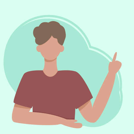 A young man without a face points his finger at information with your text. No face. Vector illustration in flat styleのイラスト素材