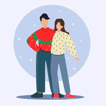 A loving couple in an embrace. Married couple in festive sweaters. Merry Christmas. No faceのイラスト素材
