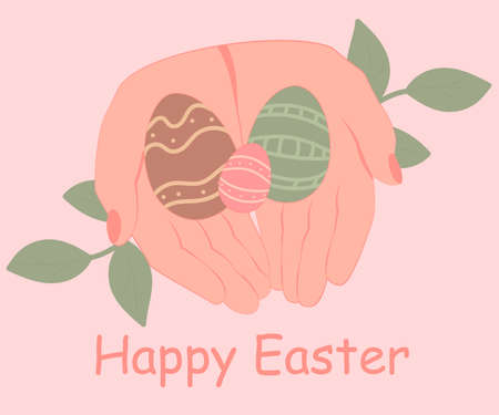 Easter card. Happy easter. Hands holding colorful Easter eggs. Postcard, banner. Vector illustrationのイラスト素材