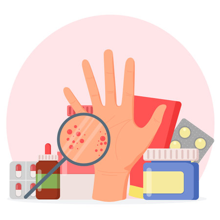 Large hand with red skin and rash. Psoriasis, vitiligo, dermatitis. Eczema is an inflammatory skin disease. Consequences of improper care, frequent washing of hands, disinfection. treatment, medicinesのイラスト素材