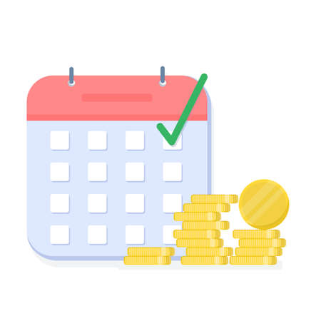 money plan. Successful payroll done on calendar and check mark, credit account time, credit date, budget income. vector flat illustrationのイラスト素材