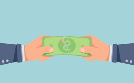 Hands tearing a banknote into two parts. Businessmen can't distribute money. Vector illustration in flat style.のイラスト素材