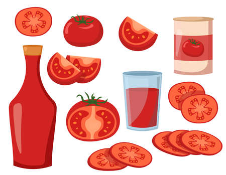 Set of tomato products, chopped tomatoes. Tomato ketchup, tomato paste and tomato juice isolated on white background. flat style.のイラスト素材