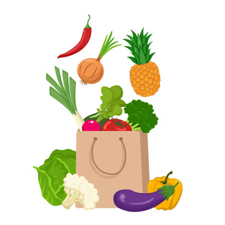 Paper bag with groceries, vegetables and fruits. Isolated on white background, flat style.のイラスト素材
